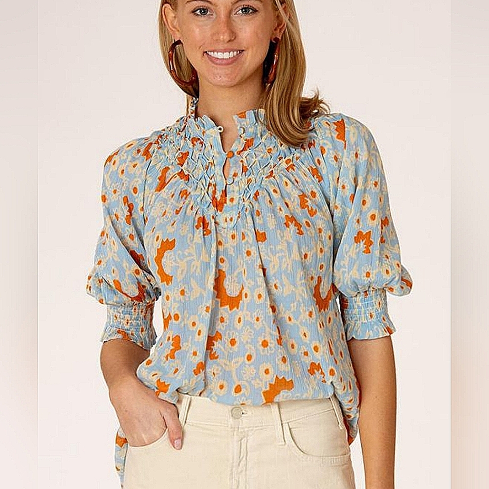 Light Blue and Orange Floral Smocked Neck Blouse